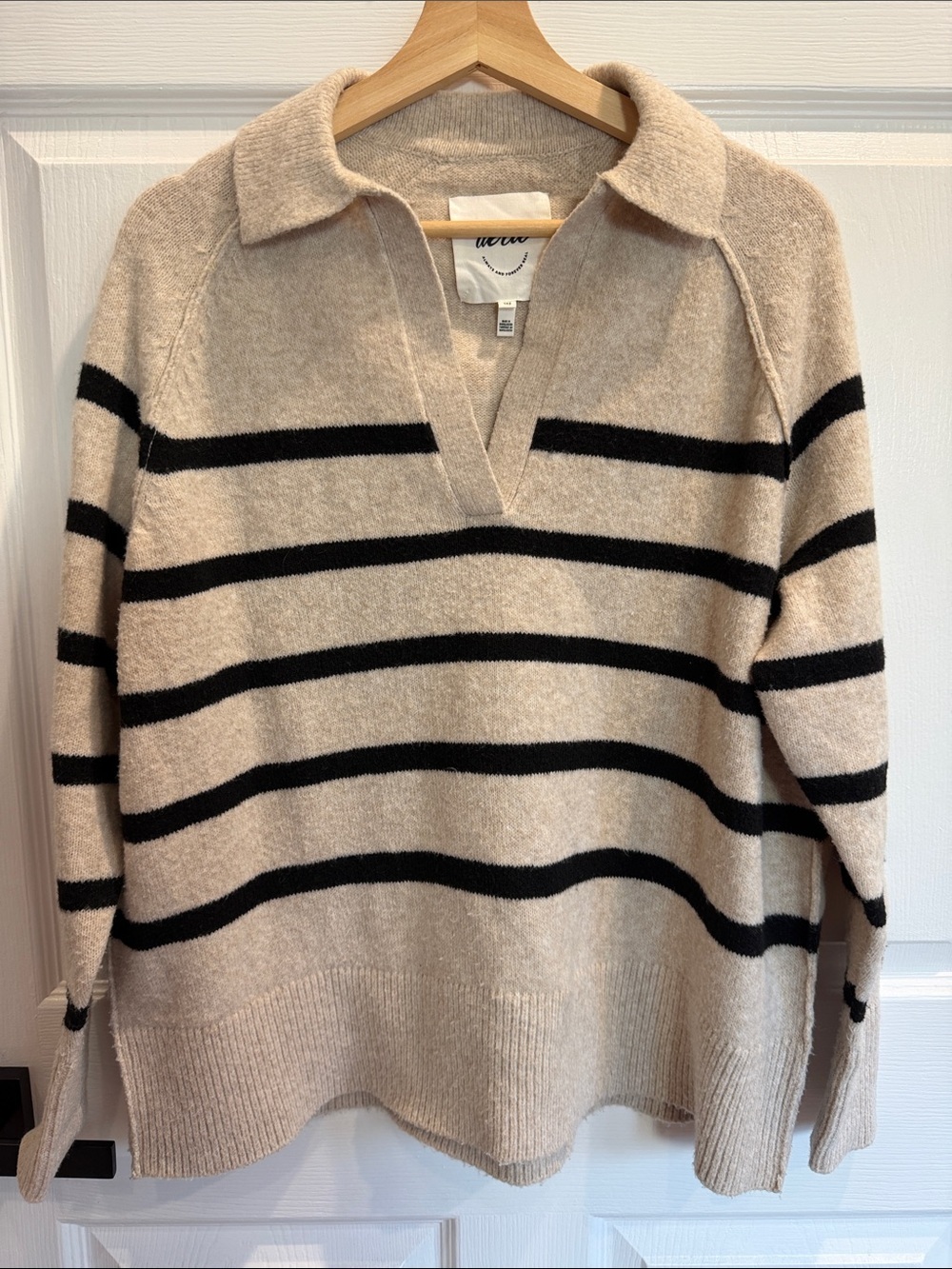 aerie Collared V-Neck Striped Pullover - Cream & Black - Picture 2 of 5